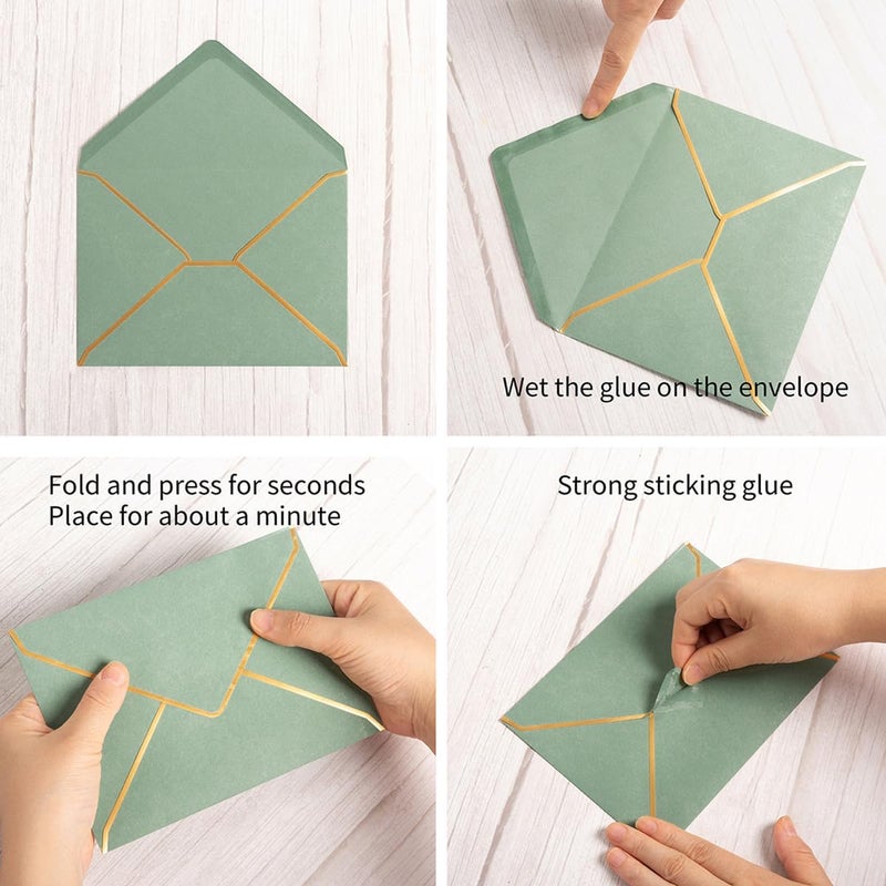 Homtable 100 Pack A7 Envelopes 5 x 7 Card Envelopes V Flap with Gold Border for Office, Wedding Gift Cards, Invitations, Graduation, Baby Shower, Parties (Sage-Green, 5.32 x 7.28 Inches) - Image 3